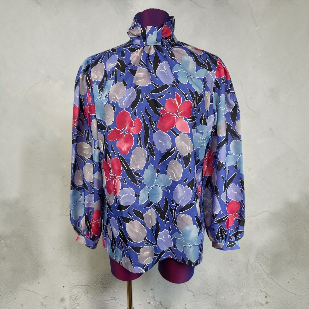 Blue Floral High Neck Blouse Long Sleeve Retro Abstract Print Top 16 Vintage